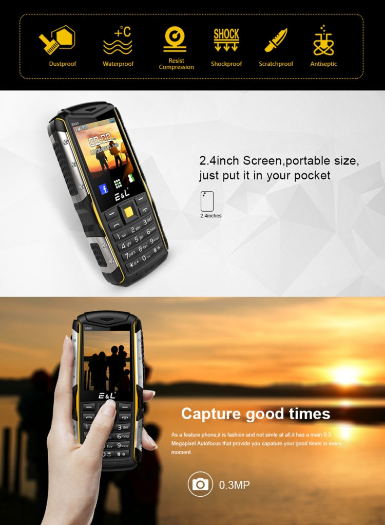 E&L S600 Triple Proofing Phone, IP68 Waterproof Dustproof Shockproof, 2.4 inch, SC6531D 234MHz, Bluetooth, FM, Dual SIM, MIL-STD-810G Certified(Grey)