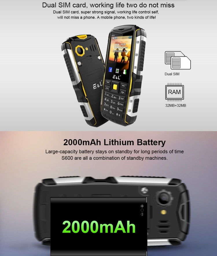 E&L S600 Triple Proofing Phone, IP68 Waterproof Dustproof Shockproof, 2.4 inch, SC6531D 234MHz, Bluetooth, FM, Dual SIM, MIL-STD-810G Certified(Grey)