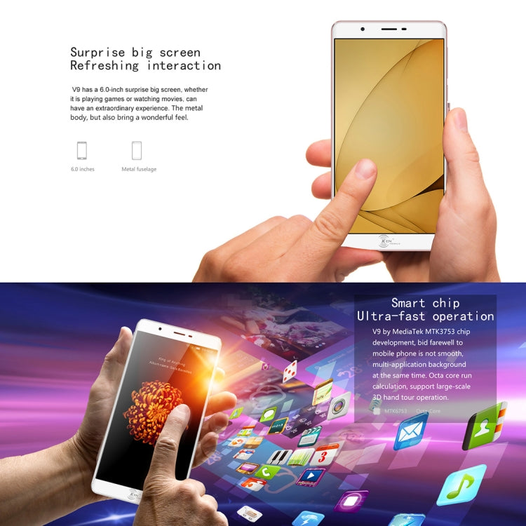 [HK Warehouse] KEN XIN DA V9, 2GB+16GB, Fingerprint Identification, 6.0 inch Android 6.0 MTK6753 Octa Core up to 1.5GHz, Network: 4G, Dual SIM