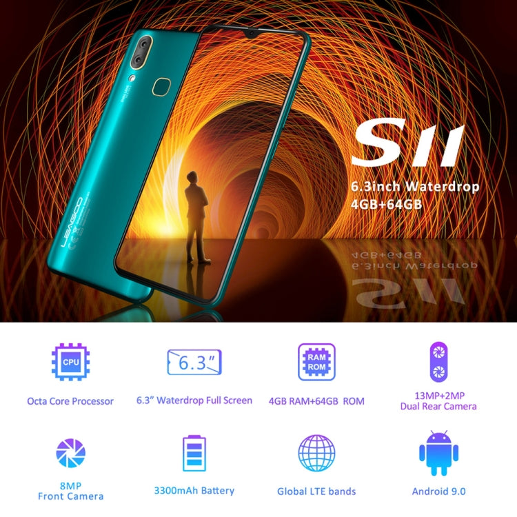 [HK Warehouse] LEAGOO S11, 4GB+64GB, Dual Back Cameras, Face ID & Fingerprint Identification, 6.3 inch Water-drop Screen Android 9.0 MTK6762 Helio P22 Octa Core up to 2.0GHz, Network: 4G, Dual SIM, OTG