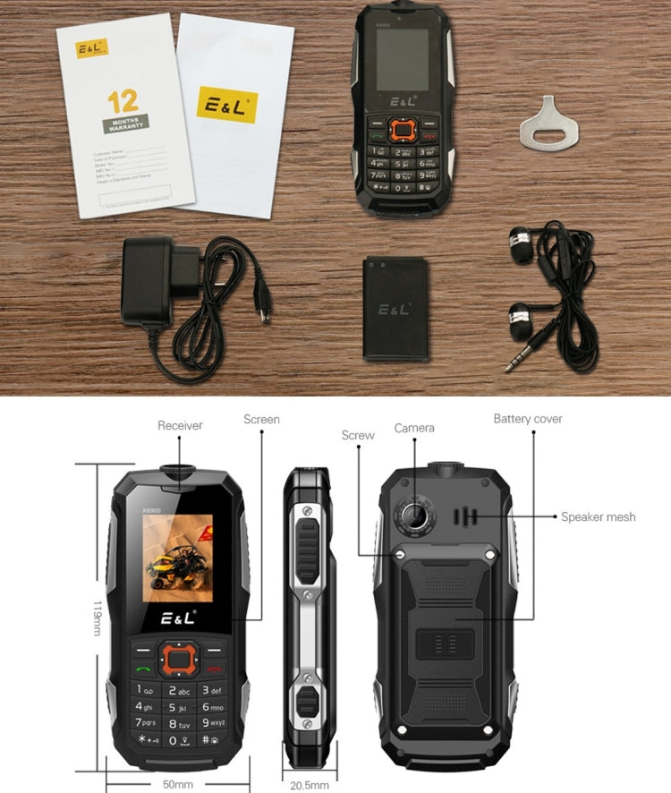 E&L K6900 Triple Proofing Phone, IP68 Waterproof Dustproof Shockproof, 1.8 inch, Bluetooth, FM, Flashlight, Dual SIM(Red)