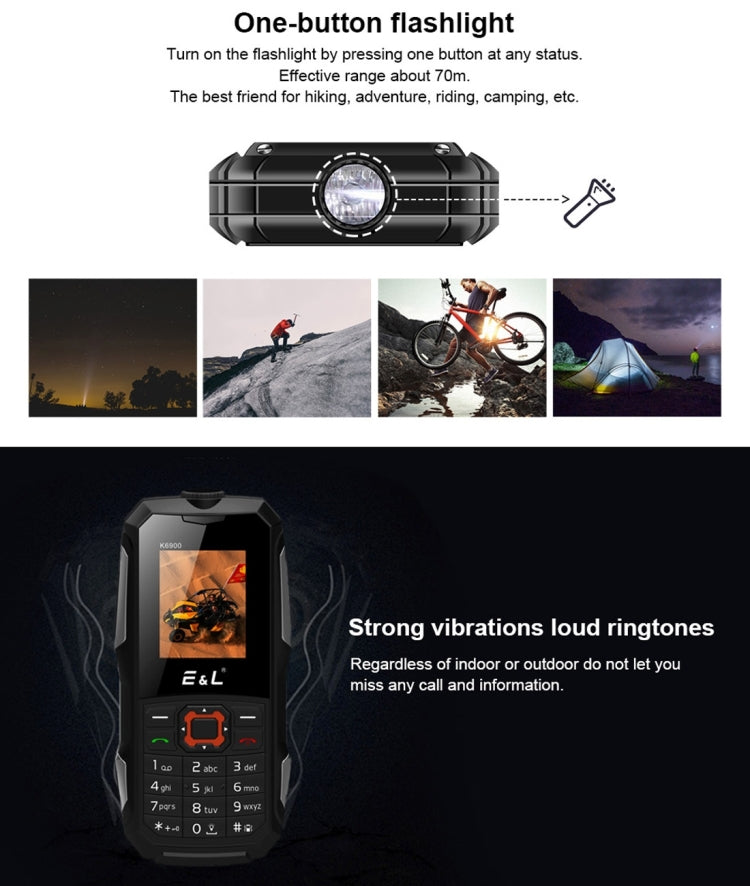 E&L K6900 Triple Proofing Phone, IP68 Waterproof Dustproof Shockproof, 1.8 inch, Bluetooth, FM, Flashlight, Dual SIM(Red)