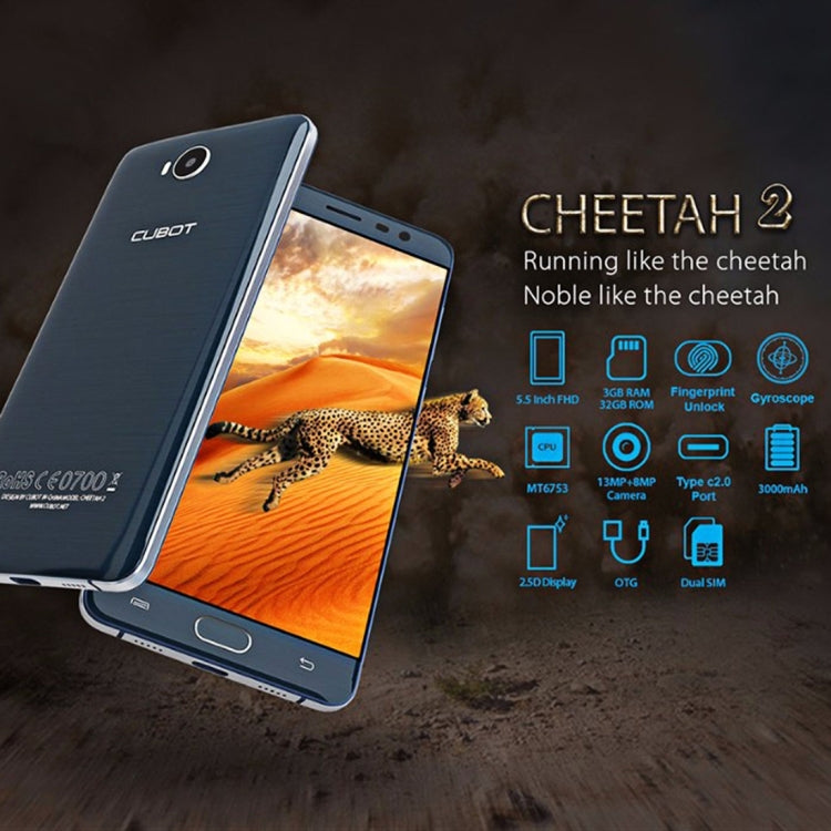 [HK Warehouse] CUBOT CHEETAH 2 32GB, Network: 4G, Dual SIM, Dual Camera, 5.5 inch IPS Screen, Android 6.0 OS, MT6753 OCTA-Core 1.3GHz, RAM: 3GB, Support OTG,WAP, WiFi, GPS, Handwrite/Keypad, 256GB TF Card