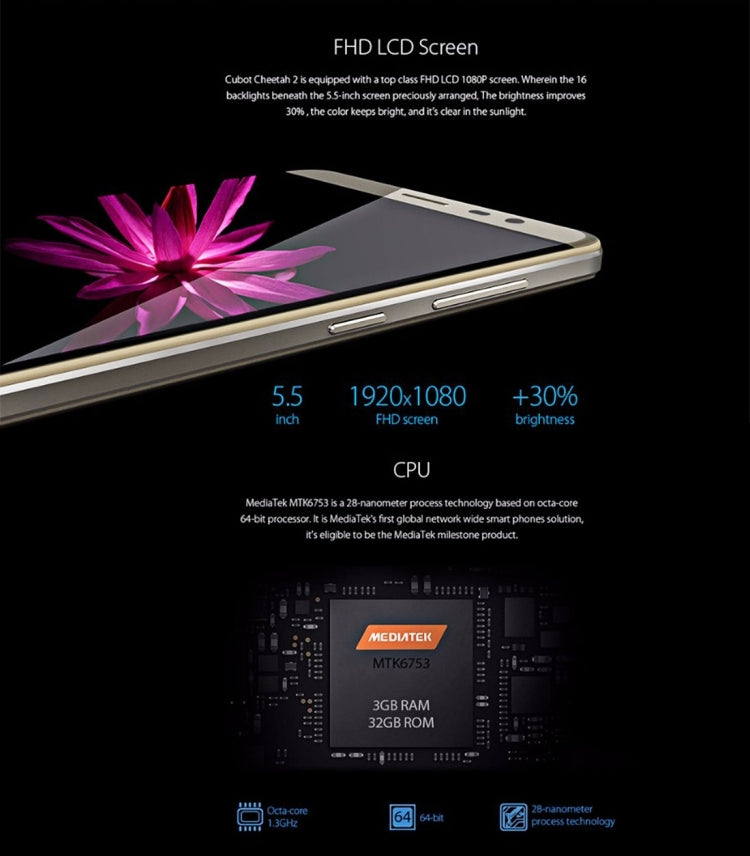 [HK Warehouse] CUBOT CHEETAH 2 32GB, Network: 4G, Dual SIM, Dual Camera, 5.5 inch IPS Screen, Android 6.0 OS, MT6753 OCTA-Core 1.3GHz, RAM: 3GB, Support OTG,WAP, WiFi, GPS, Handwrite/Keypad, 256GB TF Card