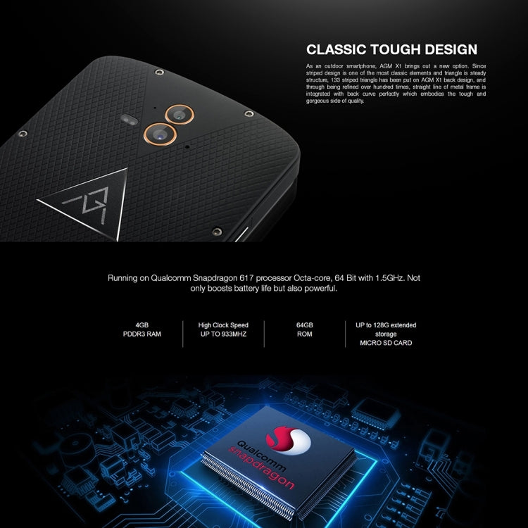 AGM  X1 Triple Proofing Phone, 4GB+64GB, Fingerprint Identification, Dual 13.0MP Back Cameras, 5400mAh Battery, IP68 Waterproof Dustproof Shockproof, 5.5 inch Android 5.1 Snapdragon 617 Octa Core, Network: 4G, OTG, NFC
