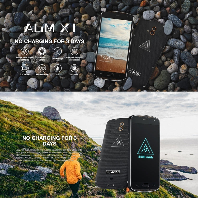 AGM  X1 Triple Proofing Phone, 4GB+64GB, Fingerprint Identification, Dual 13.0MP Back Cameras, 5400mAh Battery, IP68 Waterproof Dustproof Shockproof, 5.5 inch Android 5.1 Snapdragon 617 Octa Core, Network: 4G, OTG, NFC