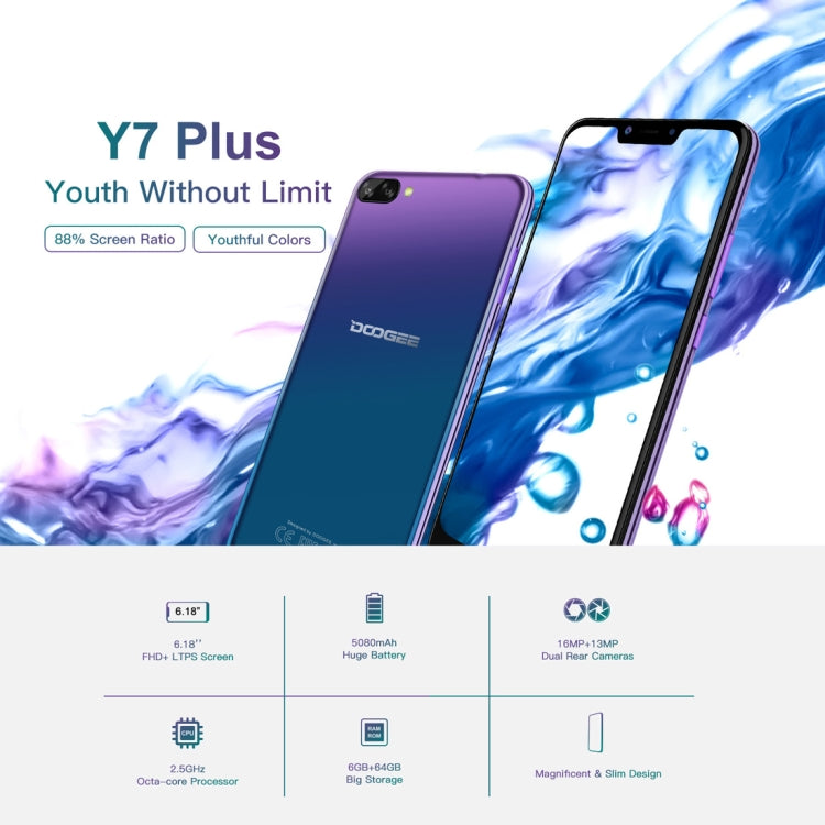 [HK Warehouse] DOOGEE Y7 Plus, 6GB+64GB, Dual Back Cameras, Face ID & DTouch Fingerprint, 5080mAh Battery, 6.18 inch U-notch Android 8.1 MTK6757 Octa Core up to 2.5GHz, Network: 4G, OTG, OTA, Dual SIM (Obsidian Black)
