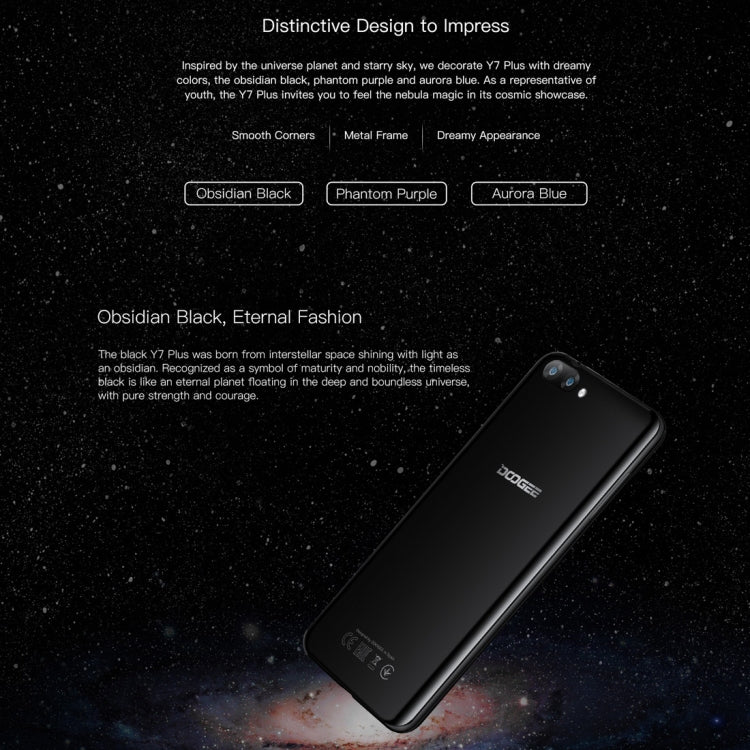 [HK Warehouse] DOOGEE Y7 Plus, 6GB+64GB, Dual Back Cameras, Face ID & DTouch Fingerprint, 5080mAh Battery, 6.18 inch U-notch Android 8.1 MTK6757 Octa Core up to 2.5GHz, Network: 4G, OTG, OTA, Dual SIM (Obsidian Black)