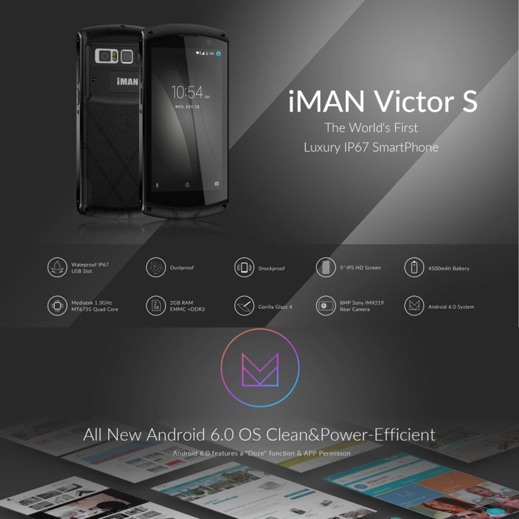 iMAN Victor S Waterproof Phone 16GB, Network: 4G, Life Waterproof Dustproof Shockproof, 4500mAh Big Battery, 5 inch Corning Gorilla Glass 4 Screen Android 6.0 MT6735 Quad Core 1.3GHz, RAM: 2GB