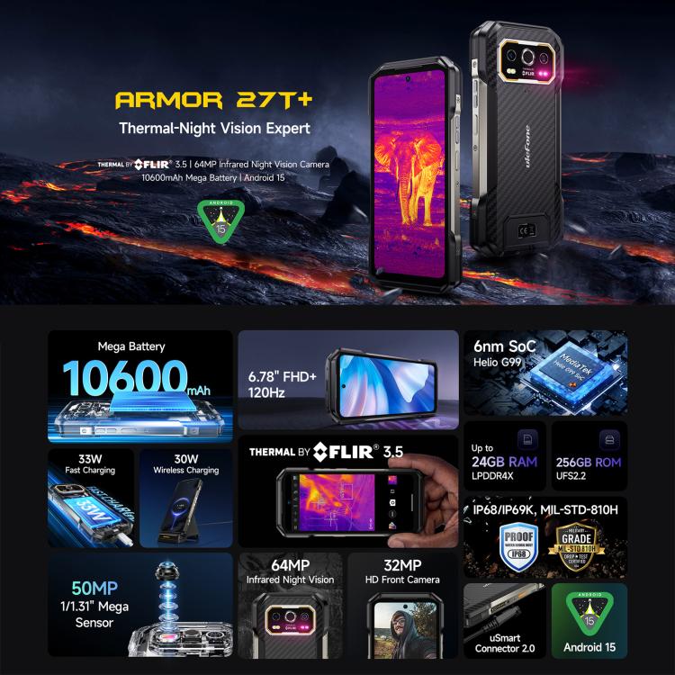 [HK Warehouse] Ulefone Armor 27T+ Rugged Phone, 12GB+256GB, Thermal Imager, Night Vision, 10600mAh, 6.78 inch Android 15 MediaTek Helio G99 Octa Core, Network: 4G, NFC, OTG  - Black