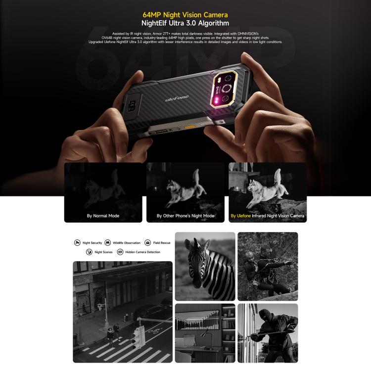 [HK Warehouse] Ulefone Armor 27T+ Rugged Phone, 12GB+256GB, Thermal Imager, Night Vision, 10600mAh, 6.78 inch Android 15 MediaTek Helio G99 Octa Core, Network: 4G, NFC, OTG  - Black