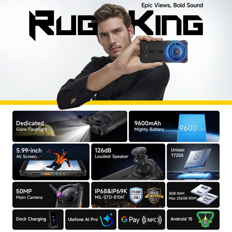 [HK Warehouse] Ulefone RugKing, 8GB+128GB, IP68/IP69K Rugged Phone, 5.99 inch Android 15 Unisoc T7255 Octa Core, Network: 4G, NFC, OTG  - Black