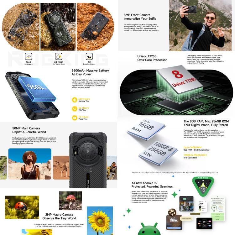 [HK Warehouse] Ulefone RugKing, 8GB+128GB, IP68/IP69K Rugged Phone, 5.99 inch Android 15 Unisoc T7255 Octa Core, Network: 4G, NFC, OTG  - Black