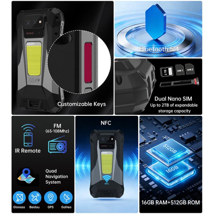 [HK Warehouse] Unihertz 8849 Tank X Projector Rugged Phone, 16GB+512GB, Side Fingerprint, Night Vision, 6.78 inch Android 15 MediaTek Dimensity 8200 Octa Core, Network: 5G, NFC  - Black