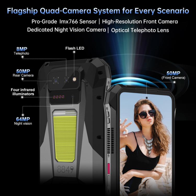 [HK Warehouse] Unihertz 8849 Tank X Projector Rugged Phone, 16GB+512GB, Side Fingerprint, Night Vision, 6.78 inch Android 15 MediaTek Dimensity 8200 Octa Core, Network: 5G, NFC  - Black