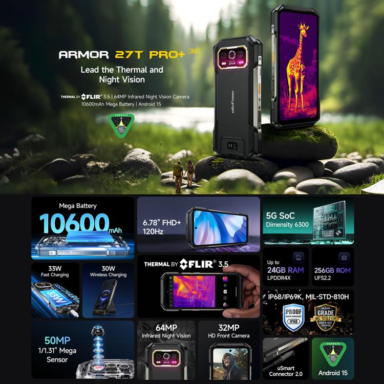 [HK Warehouse] Ulefone Armor 27T Pro+ Rugged Phone, FLIR 3.5 Thermal Imaging, 12GB+256GB, Night Vision, 10600mAh, 6.78 inch Android 15 MediaTek Dimensity 6300 Octa Core, Network: 5G, NFC  - Black