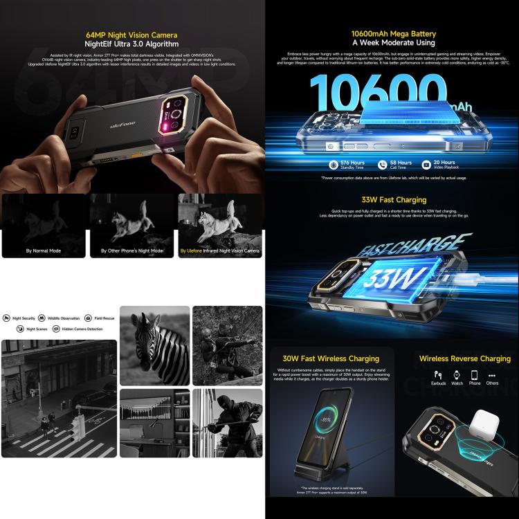 [HK Warehouse] Ulefone Armor 27T Pro+ Rugged Phone, FLIR 3.5 Thermal Imaging, 12GB+256GB, Night Vision, 10600mAh, 6.78 inch Android 15 MediaTek Dimensity 6300 Octa Core, Network: 5G, NFC  - Black