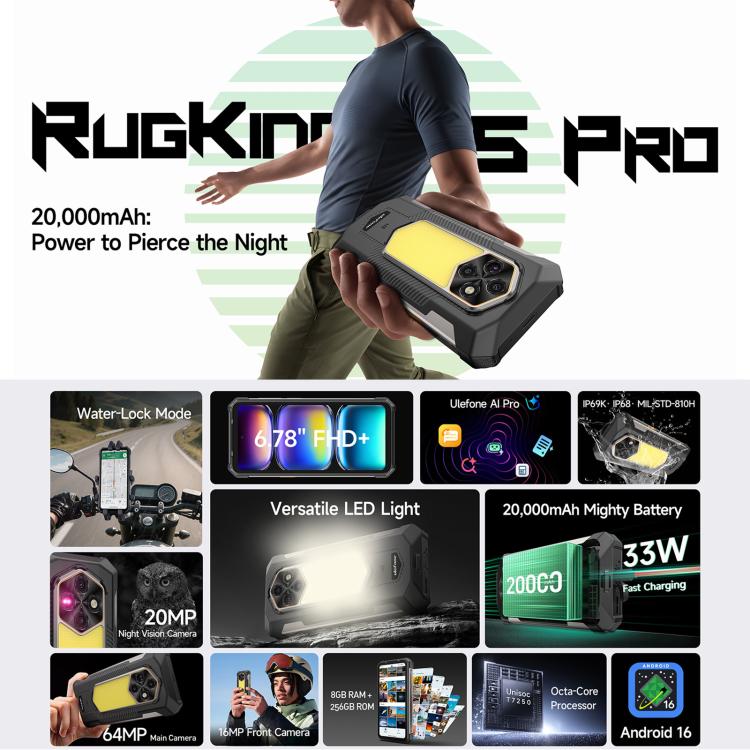 [HK Warehouse] Ulefone RugKing 5 Pro Rugged Phone, 8GB+256GB, Side Fingerprint, 20000mAh Battery, 6.78 inch Android 16 Unisoc T7250 Octa Core, Network: 4G, NFC, OTG  - Black