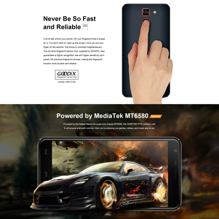 [HK Warehouse] HOMTOM HT30, 1GB+8GB, Fingerprint Identification, 5.5 inch 2.5D Android 6.0, MTK6580 Quad Core up to 1.3GHz, Network: 3G, Dual SIM, OTA, WiFi, BT, GPS, FM(Black)
