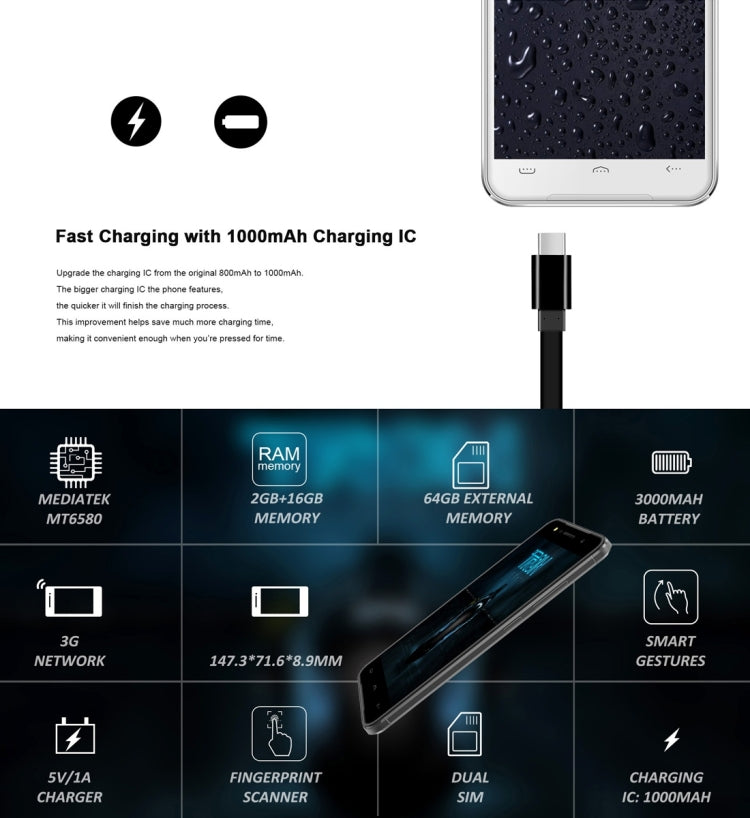 [HK Warehouse] HOMTOM HT37, 2GB+16GB, Fingerprint Identification, 5.0 inch 2.5D Android 6.0, MTK6580 Quad Core up to 1.3GHz, Network: 3G, Dual SIM, OTA, WiFi, BT, GPS, FM(Silver)