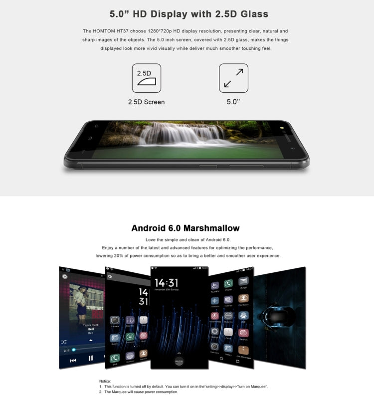[HK Warehouse] HOMTOM HT37, 2GB+16GB, Fingerprint Identification, 5.0 inch 2.5D Android 6.0, MTK6580 Quad Core up to 1.3GHz, Network: 3G, Dual SIM, OTA, WiFi, BT, GPS, FM(Silver)