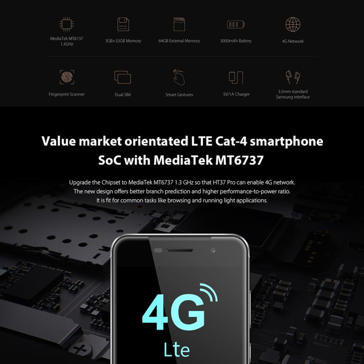 [HK Warehouse] HOMTOM HT37 Pro, 3GB+32GB, Music Breathing Light, Fingerprint Identification, 5.0 inch 2.5D Android 7.0 MTK6737 Quad Core up to 1.3GHz, Network: 4G, Dual SIM, OTG, WiFi, OTA, GPS(Rose Gold)