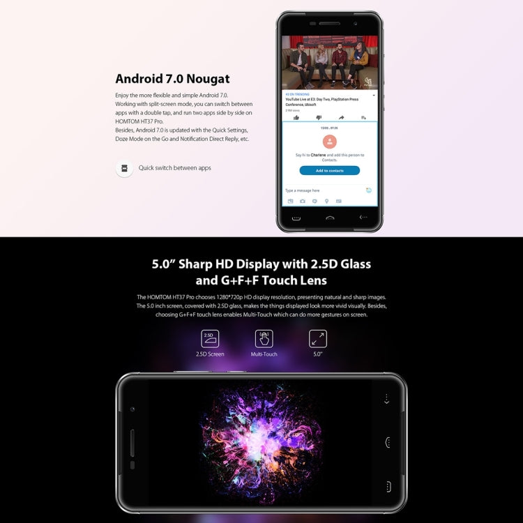 [HK Warehouse] HOMTOM HT37 Pro, 3GB+32GB, Music Breathing Light, Fingerprint Identification, 5.0 inch 2.5D Android 7.0 MTK6737 Quad Core up to 1.3GHz, Network: 4G, Dual SIM, OTG, WiFi, OTA, GPS(Rose Gold)