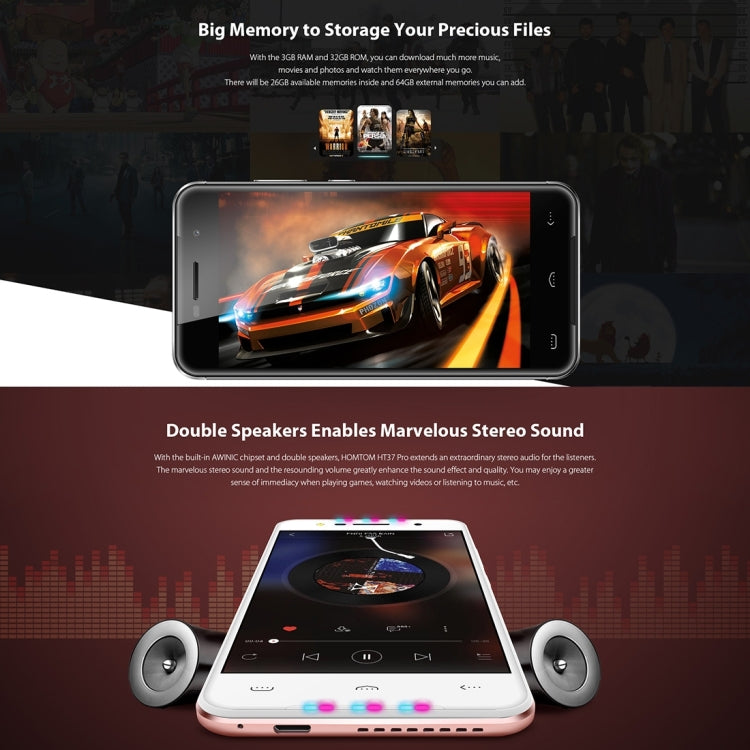 [HK Warehouse] HOMTOM HT37 Pro, 3GB+32GB, Music Breathing Light, Fingerprint Identification, 5.0 inch 2.5D Android 7.0 MTK6737 Quad Core up to 1.3GHz, Network: 4G, Dual SIM, OTG, WiFi, OTA, GPS(Rose Gold)