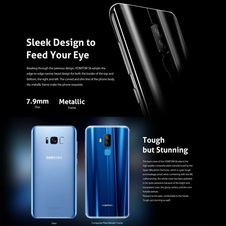 [HK Warehouse] HOMTOM S8, 4GB+64GB, Dual Back Cameras, Fingerprint Identification, 5.7 inch 2.5D Android 7.0 MTK6750T Octa Core up to 1.5GHz, Network: 4G, Dual SIM, OTG, WiFi, OTA, GPS(Blue)