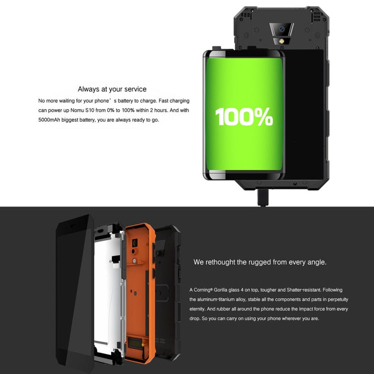 NOMU S10 Triple Proofing Phone, 2GB+16GB, IP68 Waterproof Dustproof Shockproof, 5000mAh Battery, 5.0 inch Sharp Android 6.0 MTK6737T Quad Core up to 1.5GHz, Network: 4G, Dual SIM, OTG