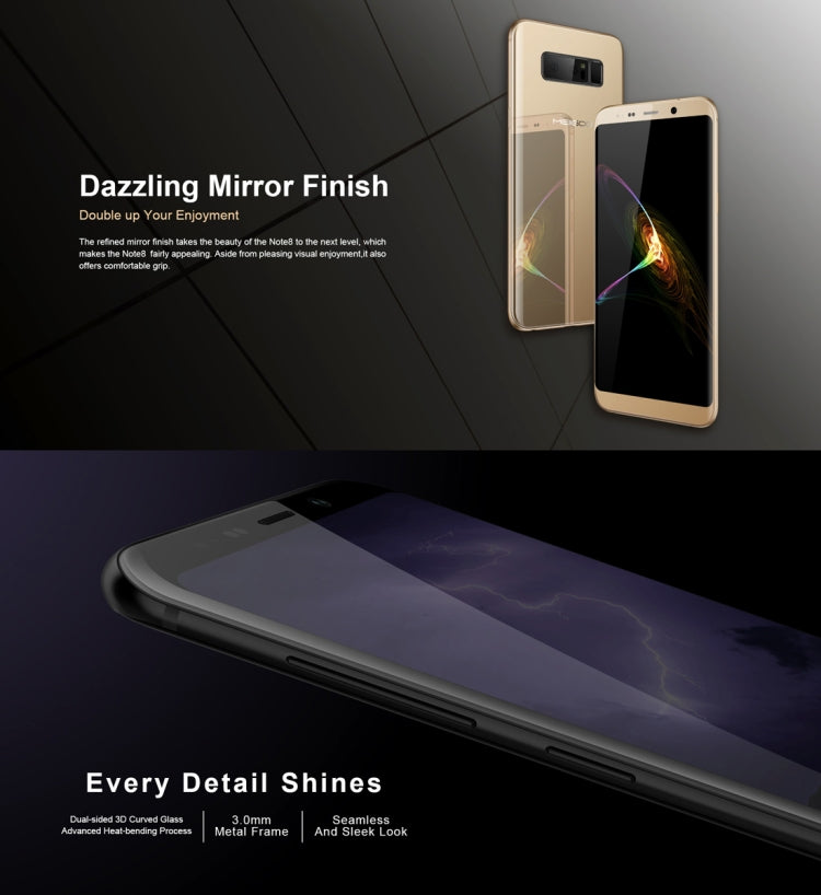 Meiigoo Note 8, 4GB+64GB, Dual Back Cameras, Face & Fingerprint Identification, 5.99 inch Dual-side 3D Arc Glass Android 7.0 MTK6750T Octa Core up to 1.5GHz, Network: 4G(Gold)