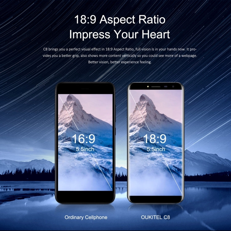 [HK Warehouse] OUKITEL C8, 2GB+16GB, Network: 3G, Fingerprint Identification, 5.5 inch Android 7.0 MTK6850A Quad Core up to 1.3GHz, Dual SIM