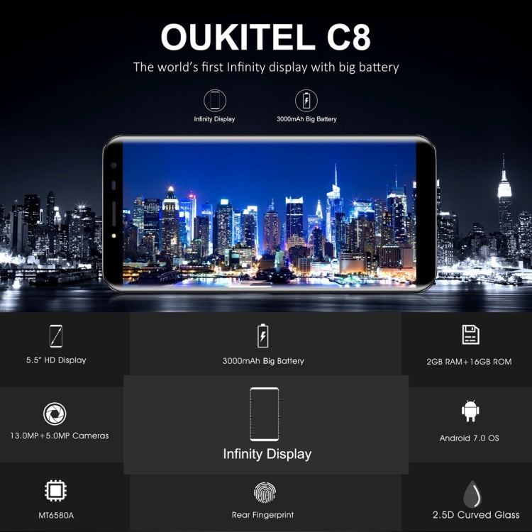 [HK Warehouse] OUKITEL C8, 2GB+16GB, Network: 3G, Fingerprint Identification, 5.5 inch Android 7.0 MTK6850A Quad Core up to 1.3GHz, Dual SIM