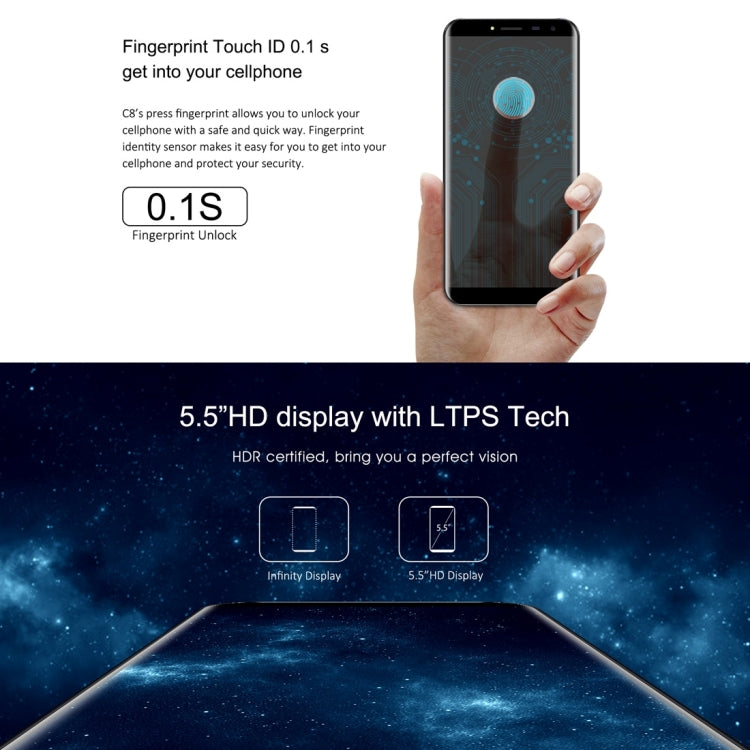 [HK Warehouse] OUKITEL C8, 2GB+16GB, Network: 3G, Fingerprint Identification, 5.5 inch Android 7.0 MTK6850A Quad Core up to 1.3GHz, Dual SIM