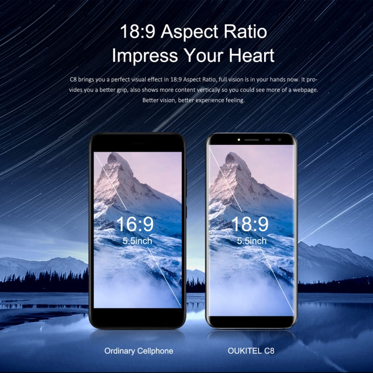 [HK Warehouse] OUKITEL C8, 2GB+16GB, Network: 3G, Fingerprint Identification, 5.5 inch Android 7.0 MTK6850A Quad Core up to 1.3GHz, Dual SIM