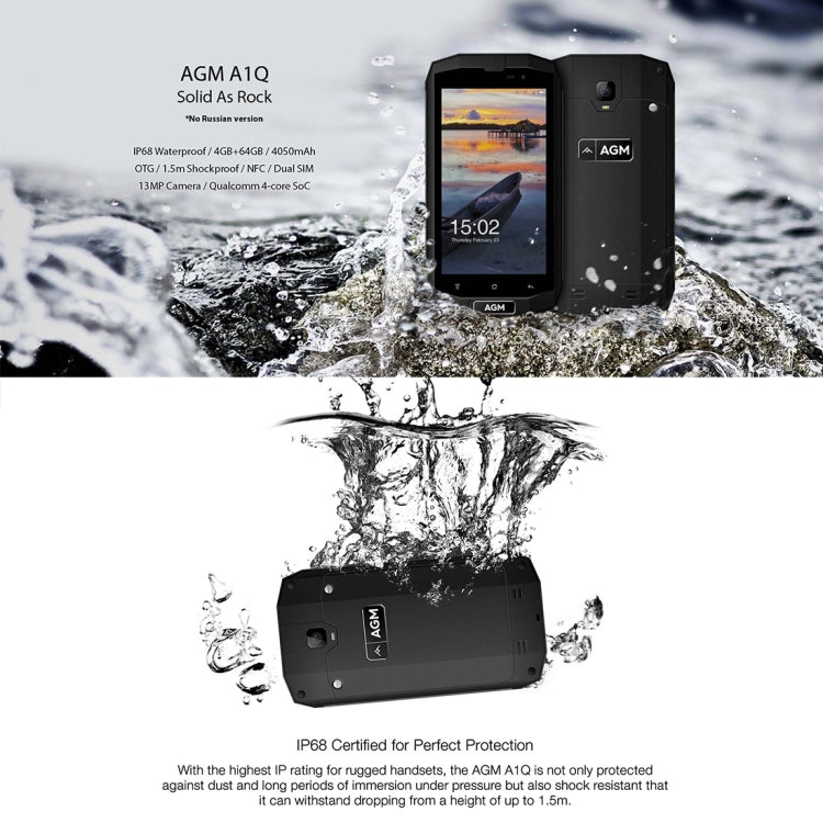 AGM A1Q Triple Proofing Phone, 4GB+64GB, 4050mAh Battery, IP68 Waterproof Dustproof Shockproof, 5.0 inch Android 7.0 Qualcomm MSM8916 Quad Core, Network: 4G, Dual SIM, OTG, NFC(Black)