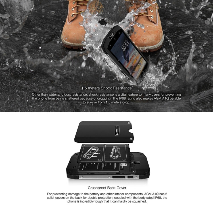 AGM A1Q Triple Proofing Phone, 4GB+64GB, 4050mAh Battery, IP68 Waterproof Dustproof Shockproof, 5.0 inch Android 7.0 Qualcomm MSM8916 Quad Core, Network: 4G, Dual SIM, OTG, NFC(Black)
