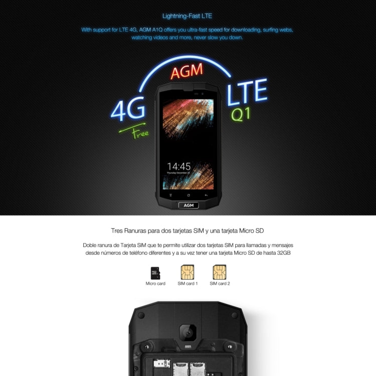 AGM A1Q Triple Proofing Phone, 4GB+64GB, 4050mAh Battery, IP68 Waterproof Dustproof Shockproof, 5.0 inch Android 7.0 Qualcomm MSM8916 Quad Core, Network: 4G, Dual SIM, OTG, NFC(Black)