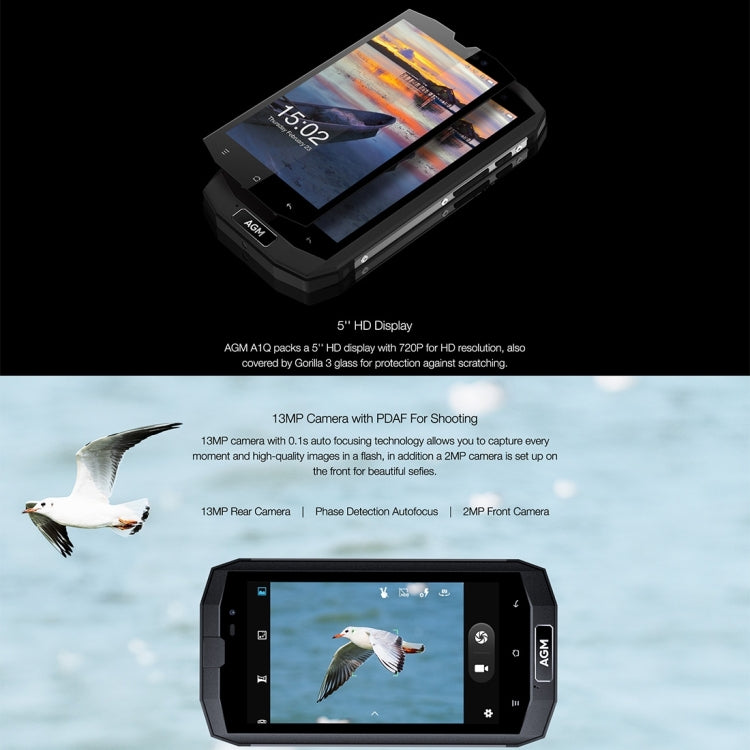 AGM A1Q Triple Proofing Phone, 4GB+64GB, 4050mAh Battery, IP68 Waterproof Dustproof Shockproof, 5.0 inch Android 7.0 Qualcomm MSM8916 Quad Core, Network: 4G, Dual SIM, OTG, NFC(Black)
