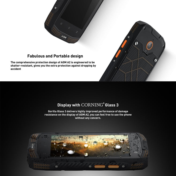 AGM A2 Triple Proofing Phone, 2GB+16GB, IP68 Waterproof Dustproof Shockproof, 4.0 inch Android 5.1 Qualcomm MSM8909 Quad Core, Network: 4G, Dual SIM, OTG, NFC(Black)