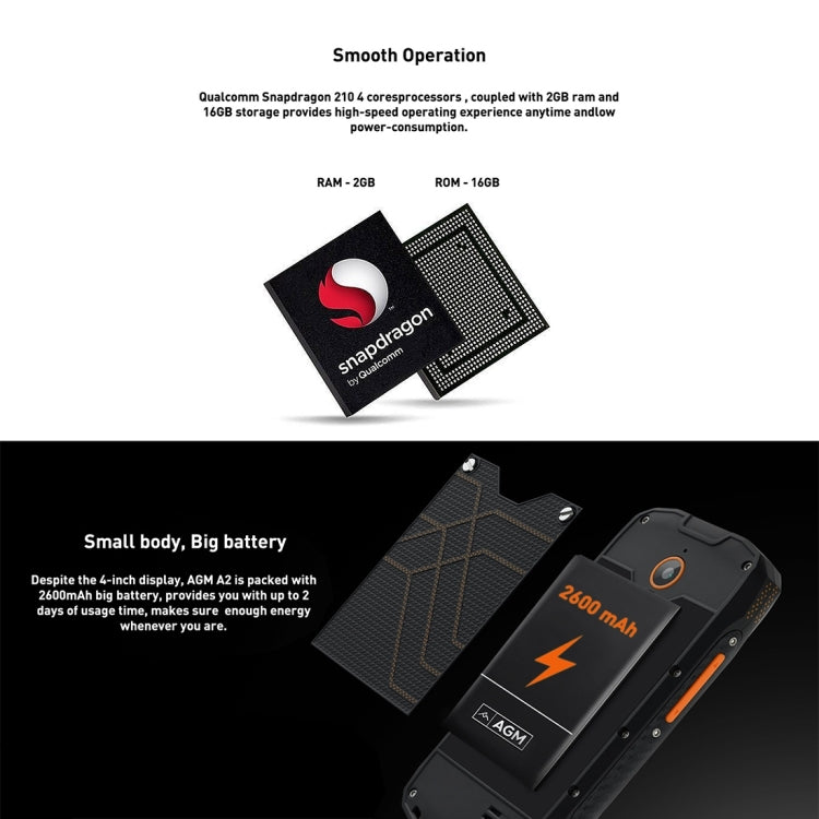 AGM A2 Triple Proofing Phone, 2GB+16GB, IP68 Waterproof Dustproof Shockproof, 4.0 inch Android 5.1 Qualcomm MSM8909 Quad Core, Network: 4G, Dual SIM, OTG, NFC(Black)