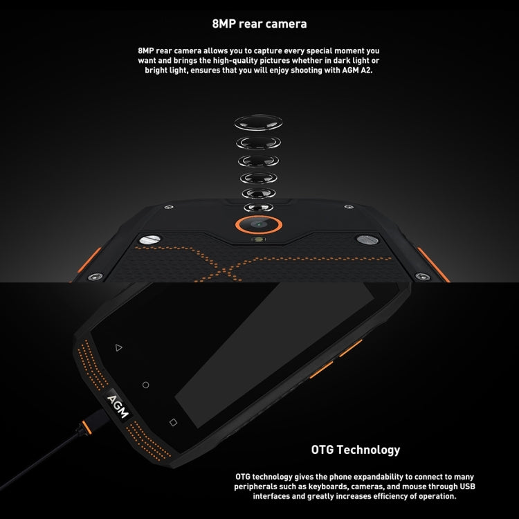 AGM A2 Triple Proofing Phone, 2GB+16GB, IP68 Waterproof Dustproof Shockproof, 4.0 inch Android 5.1 Qualcomm MSM8909 Quad Core, Network: 4G, Dual SIM, OTG, NFC(Black)