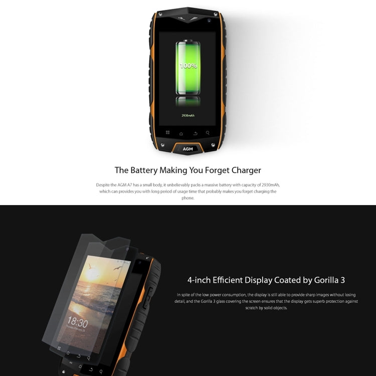 AGM A7 Triple Proofing Phone, 2GB+16GB, IP68 Waterproof Dustproof Shockproof, 4.0 inch Android 6.0 Qualcomm MSM8909 Quad Core, Network: 4G, Dual SIM, OTG(Orange)