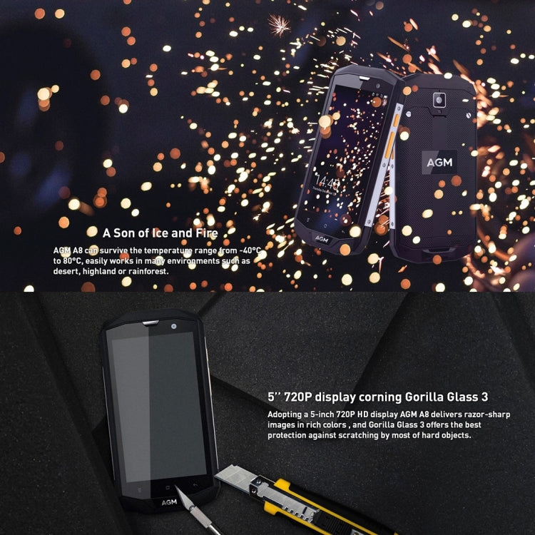 [HK Warehouse] AGM A8 Triple Proofing Phone, 3GB+32GB, EU Version, 4050mAh Battery, IP68 Waterproof Dustproof Shockproof, 5.0 inch Android 7.0 Qualcomm MSM8916 Quad Core, Network: 4G, Dual SIM, OTG, NFC(Black)