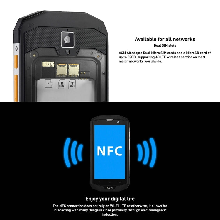 [HK Warehouse] AGM A8 Triple Proofing Phone, 3GB+32GB, EU Version, 4050mAh Battery, IP68 Waterproof Dustproof Shockproof, 5.0 inch Android 7.0 Qualcomm MSM8916 Quad Core, Network: 4G, Dual SIM, OTG, NFC(Black)