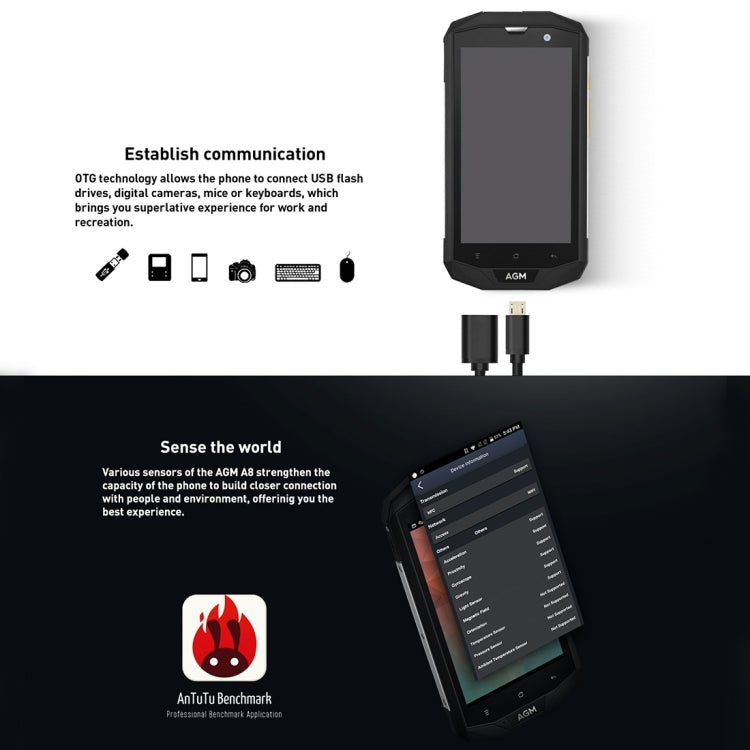 [HK Warehouse] AGM A8 Triple Proofing Phone, 4GB+64GB, EU Version, 4050mAh Battery, IP68 Waterproof Dustproof Shockproof, 5.0 inch Android 7.0 Qualcomm MSM8916 Quad Core, Network: 4G, Dual SIM, OTG, NFC(Black)
