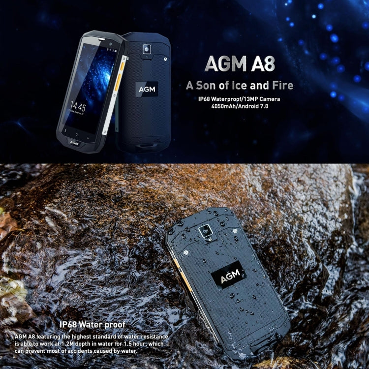 [HK Warehouse] AGM A8 Triple Proofing Phone, 4GB+64GB, EU Version, 4050mAh Battery, IP68 Waterproof Dustproof Shockproof, 5.0 inch Android 7.0 Qualcomm MSM8916 Quad Core, Network: 4G, Dual SIM, OTG, NFC(Black)