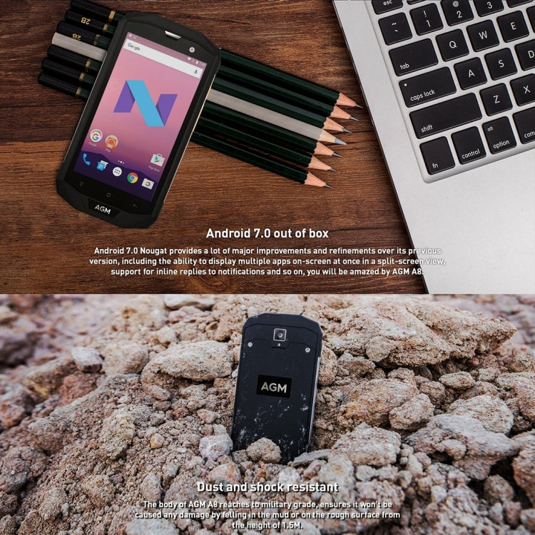 [HK Warehouse] AGM A8 Triple Proofing Phone, 4GB+64GB, EU Version, 4050mAh Battery, IP68 Waterproof Dustproof Shockproof, 5.0 inch Android 7.0 Qualcomm MSM8916 Quad Core, Network: 4G, Dual SIM, OTG, NFC(Black)