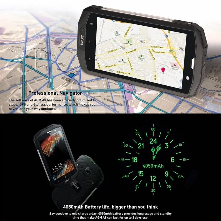 [HK Warehouse] AGM A8 Triple Proofing Phone, 4GB+64GB, EU Version, 4050mAh Battery, IP68 Waterproof Dustproof Shockproof, 5.0 inch Android 7.0 Qualcomm MSM8916 Quad Core, Network: 4G, Dual SIM, OTG, NFC(Black)