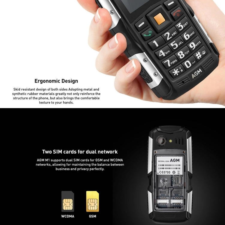 AGM M1 Triple Proofing Phone, IP68 Waterproof Dustproof Shockproof, 2570mAh Battery, SC7701, Network: 3G, Dual SIM, FM, TF(Black)